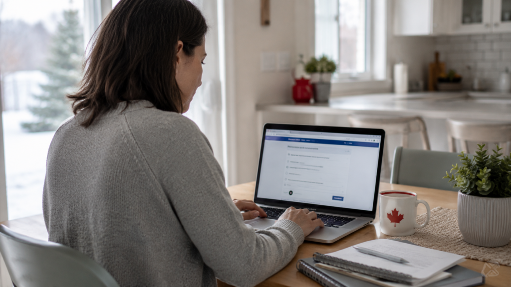 A realistic editorial photo of a person completing an online questionnaire on a laptop at home in Canada.
